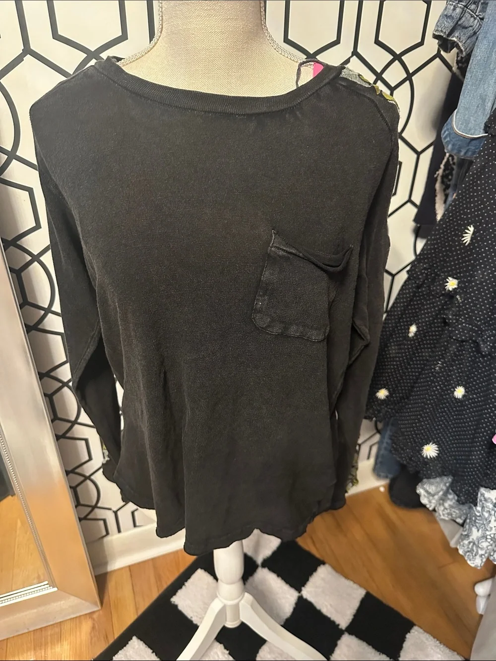 Free people xs Black Long Sleeve Tee with Yellow Floral Embroidery